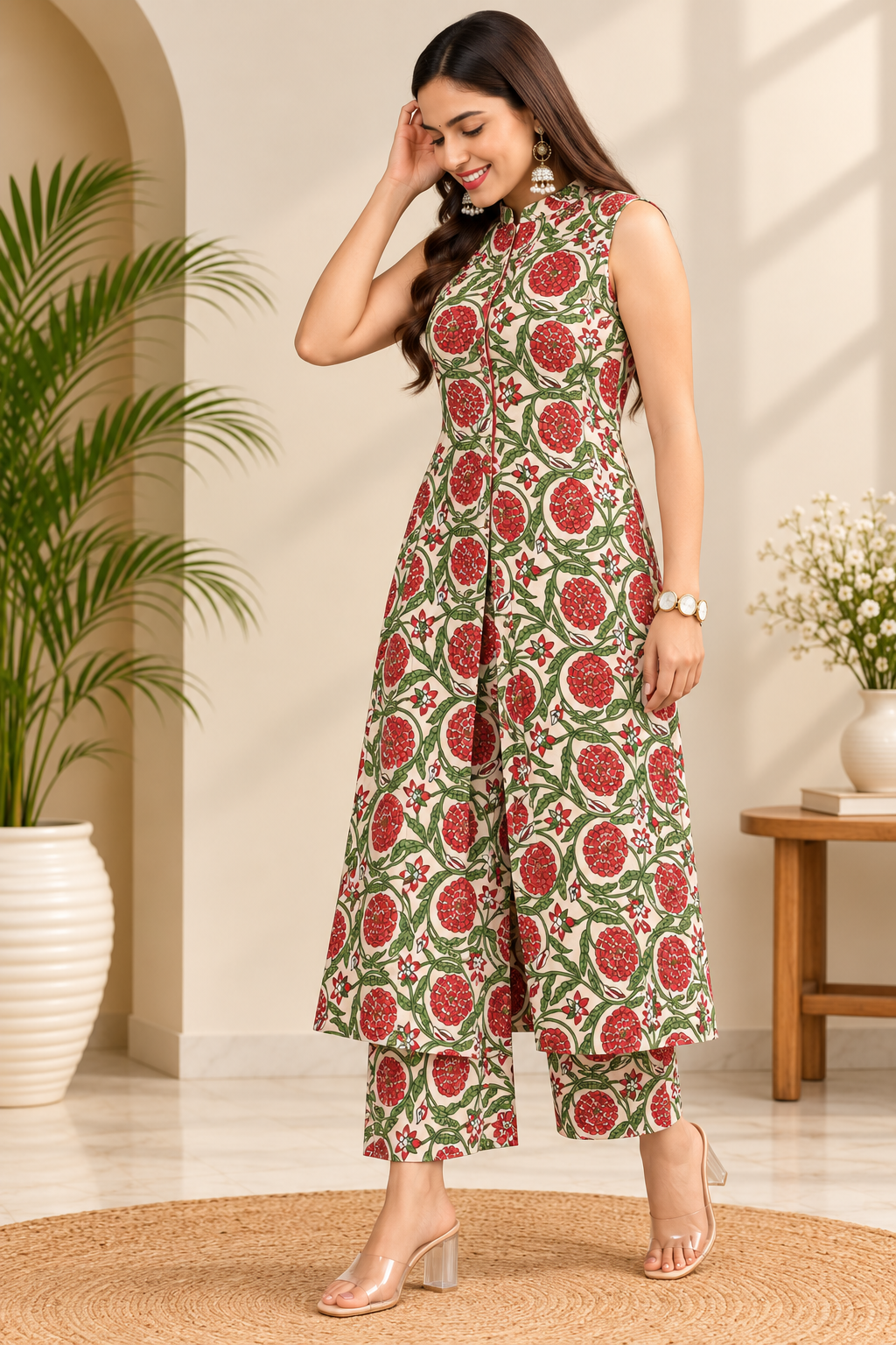 TSC 204 Cotton Floral Sleeveless Kurta Set with Palazzo Pants - Image 4