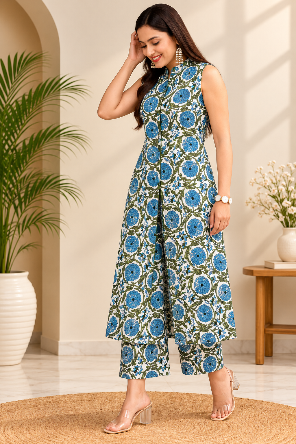 TSC 204 Cotton Floral Sleeveless Kurta Set with Palazzo Pants