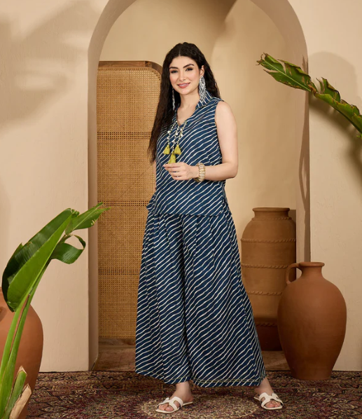 Striped Cotton Sleeveless Kurta Set with Wide-Leg Palazzo Pants – Tsara