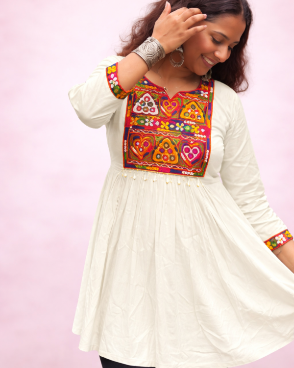 Gamthi Lace Mirror Work Rayon Flared Short Top – Ethnic Festive Wear | Tsara