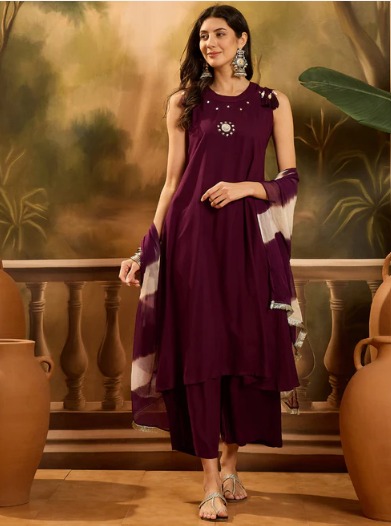 Wine Purple Embroidered Rayon Kurta Set with Palazzo & Dupatta – Tsara