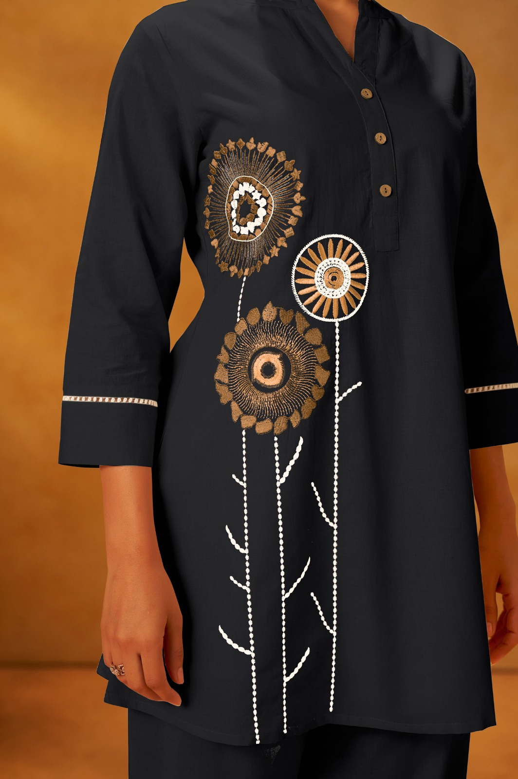 TSC 300 Black Pure Cotton Embroidered Straight Kurta Co-Ord Set - Image 2