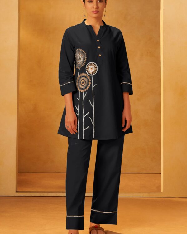 TSC 300 Black Pure Cotton Embroidered Straight Kurta Co-Ord Set