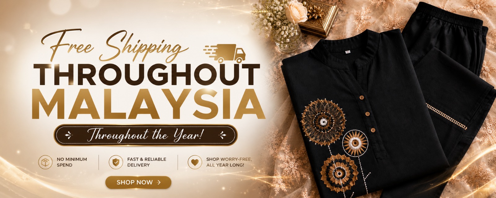 Free shipping throughout Malaysia — black embroidered cotton kurta set