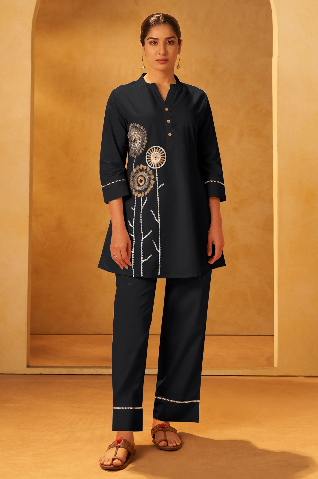 TSC 300 Black Pure Cotton Embroidered Straight Kurta Co-Ord Set