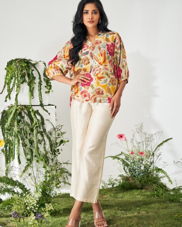 TSC 301 Multicolour Floral Print Top & Cotton Beige Pants Co-Ord Set (Loose Fit) for Women