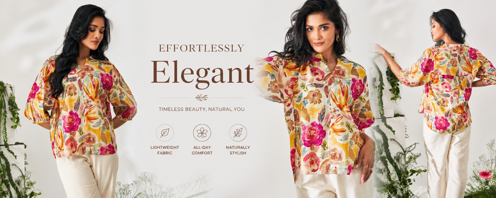 Effortlessly Elegant — multicolour floral top with beige pants