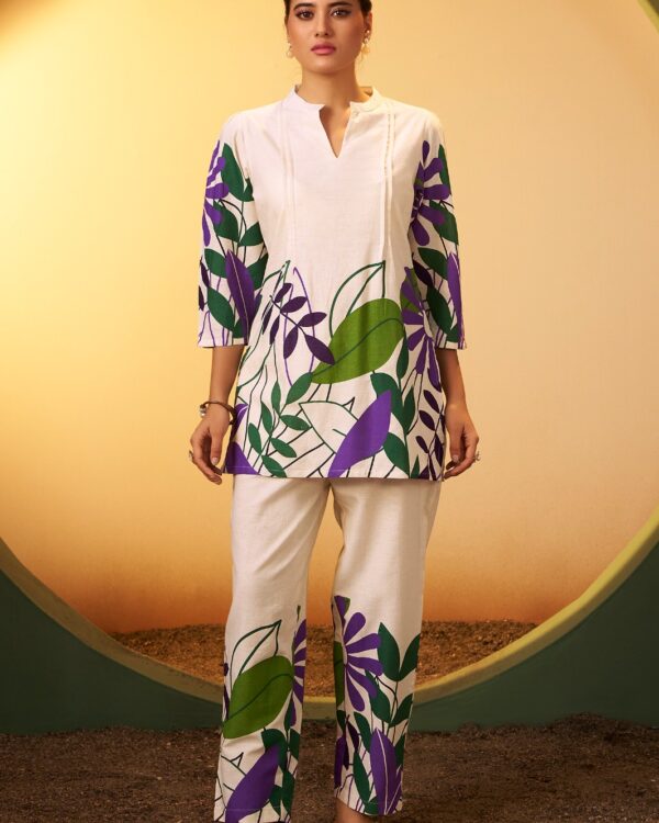 TSC 302 White Pure Cotton Floral Printed Co-Ord Set | Tsara Closet Malaysia