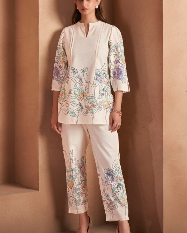 TSC 303 White Floral Printed Pure Cotton Co-Ord Set | Tsara Closet Malaysia