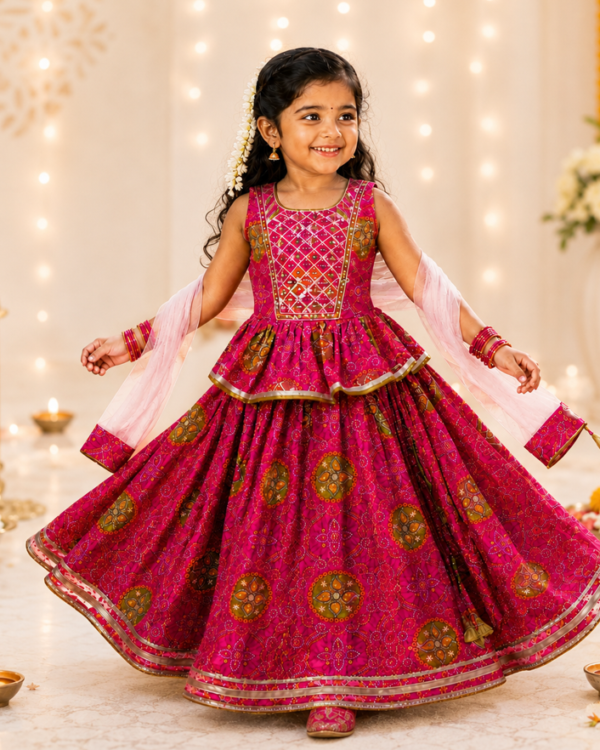 TSC 402 Girls Cambric Margenta Pink Cotton Bandhani Design Lehenga