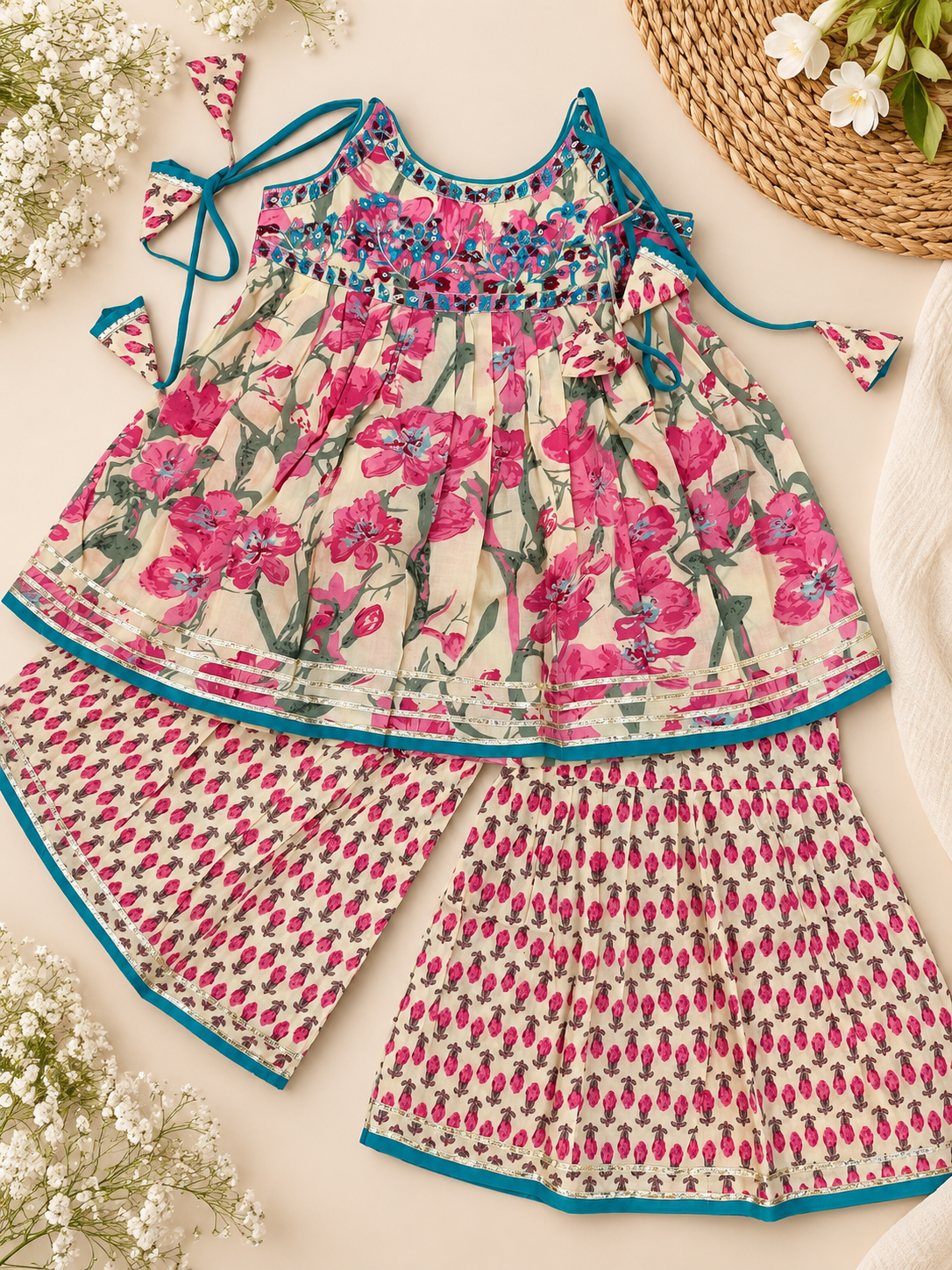 TSC 403 Girls Cambric Cotton Floral Print Ivory Gharara Set - Image 2