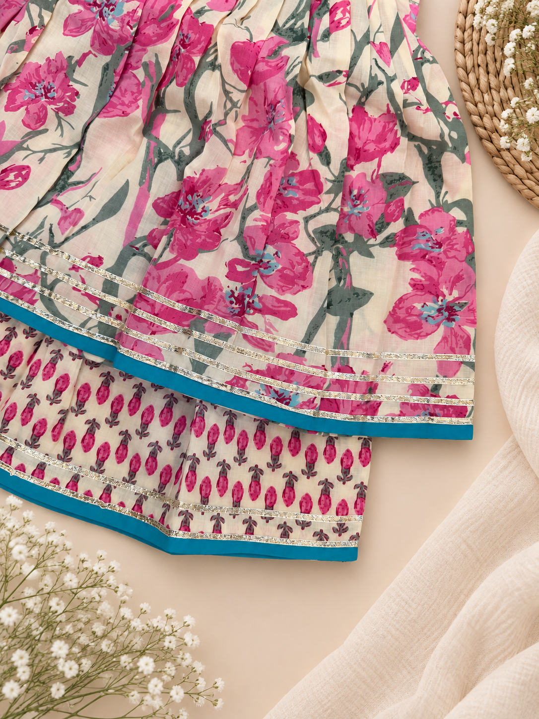TSC 403 Girls Cambric Cotton Floral Print Ivory Gharara Set - Image 4