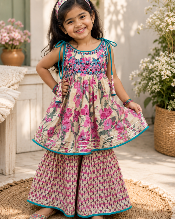 TSC 403 Girls Cambric Cotton Floral Print Ivory Gharara Set
