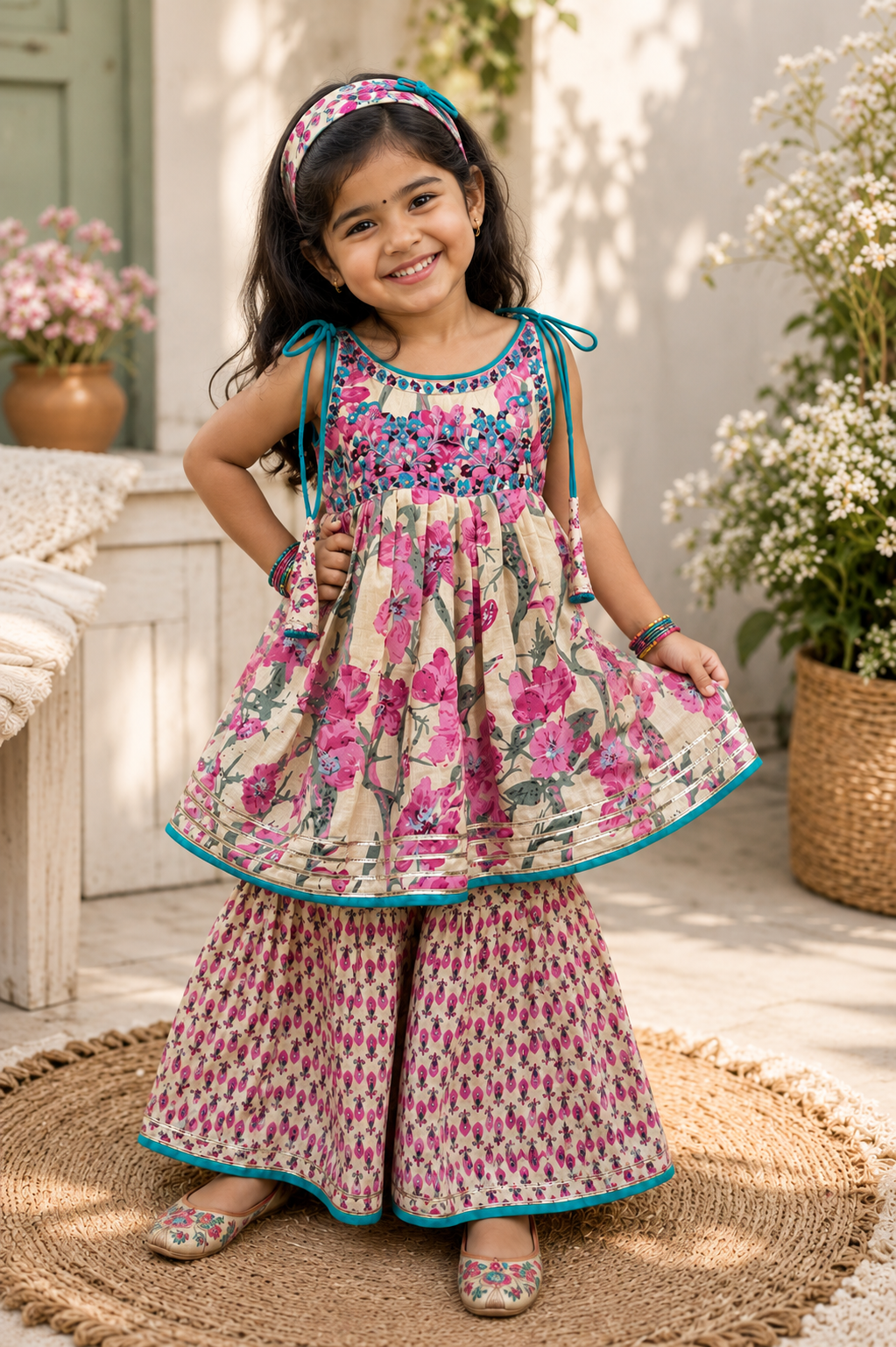 TSC 403 Girls Cambric Cotton Floral Print Ivory Gharara Set